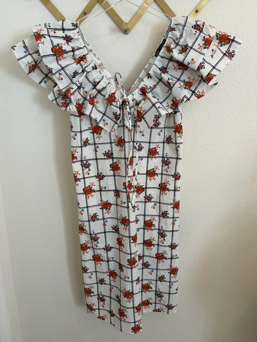 Zara White Floral Grid Ruffle Sleeve Midi Dress Large - Picture 7 of 12